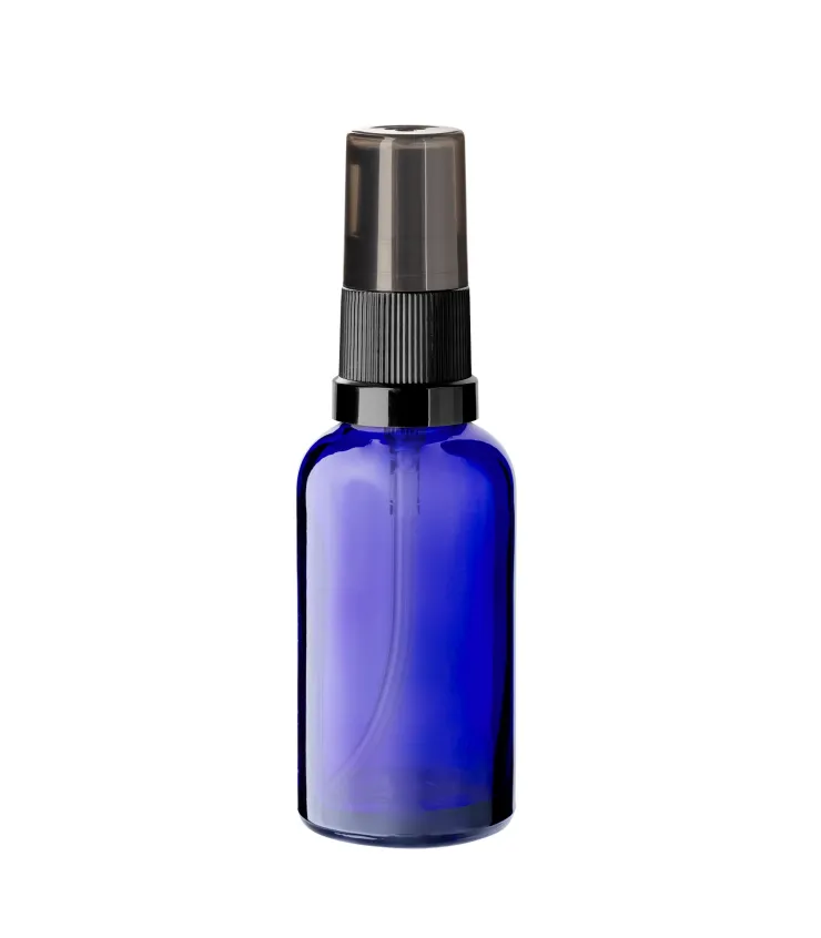 Blaue Glasflasche 30 ml mit schwarzer Pumpe für Kosmetik